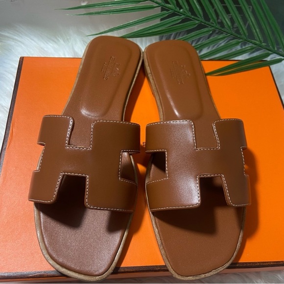 Hermes Shoes - Hermès Oran Sandals Gold Tan Leather H Slides